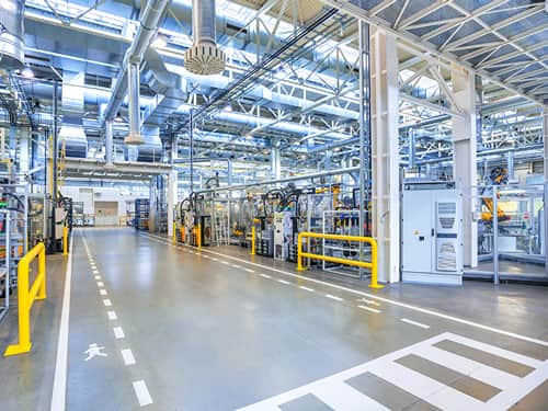 A detailed view of a factory with extensive machinery and equipment.